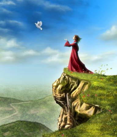lintu, nainen, jyrkänne, vihreä taivas, lentää Andreus - Dreamstime
